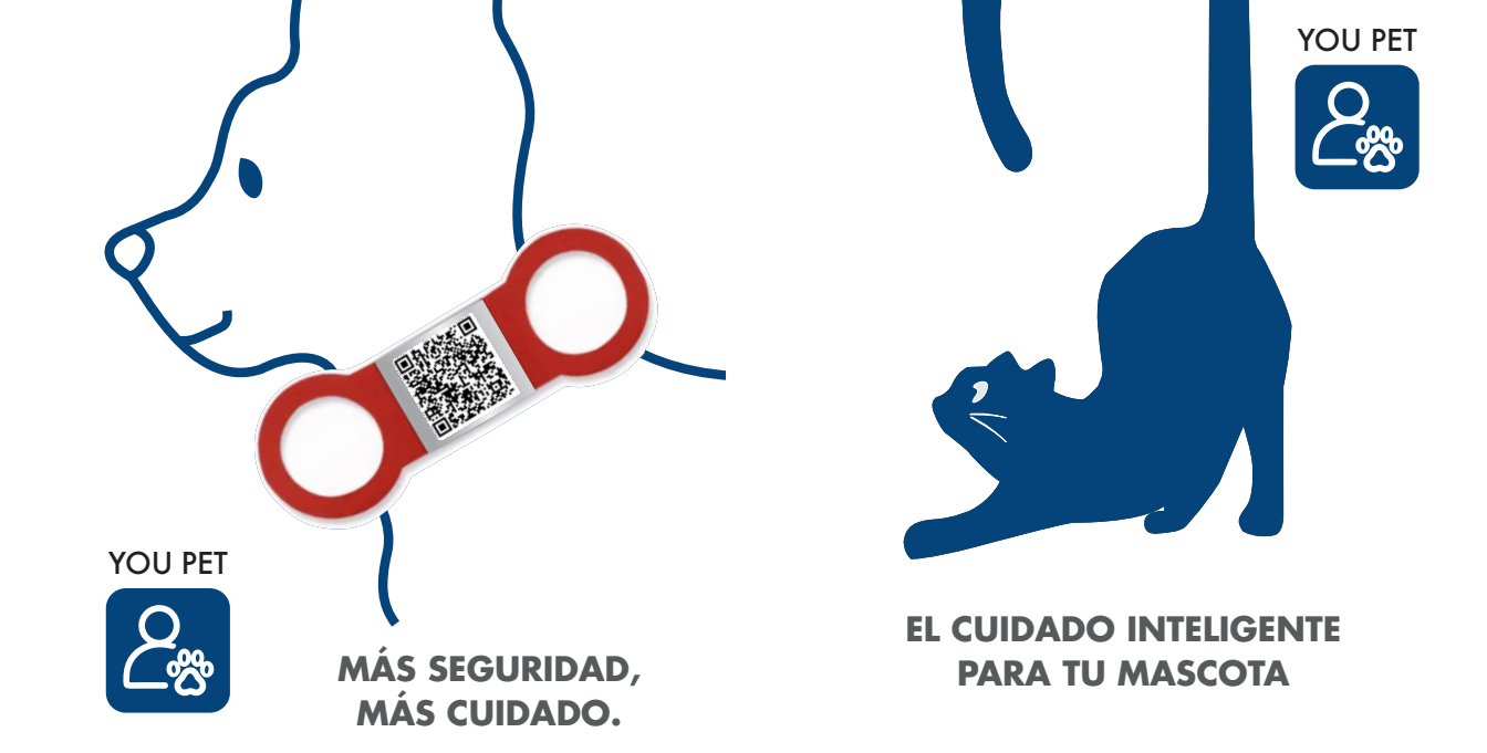 Material original YouPet: perro con chapita QR y gato. Más seguridad, más cuidado.